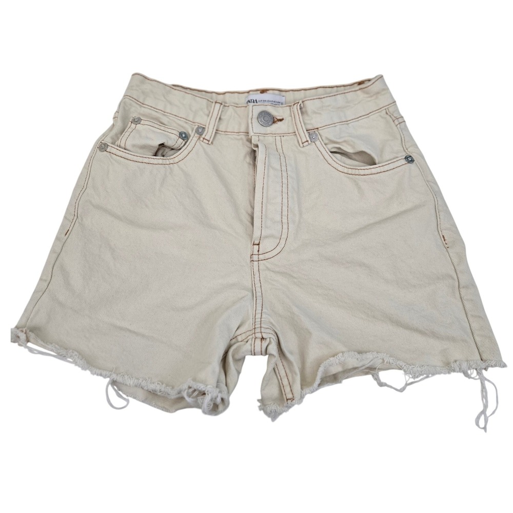 Zara High Waisted Denim Shorts Womens 2‎ Cream Ecru Raw Hem Contrast Stitch Mom